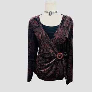 Vtg.Y2k Women Size XL‎ 3 Red Black Velvet Faux Wrap Top Long Sleeve Stretch Goth